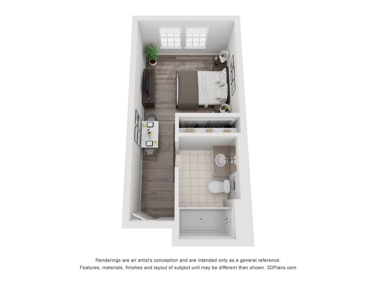 A 3D floor plan of a one-bedroom apartment, featuring a kitchen, living area, bathroom, and bedroom.