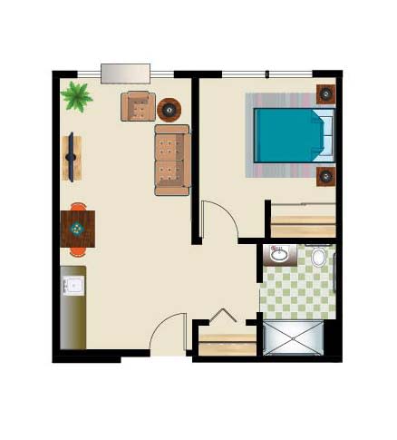 A floor plan of a one-bedroom apartment featuring a living room, bedroom, bathroom, and kitchen area.