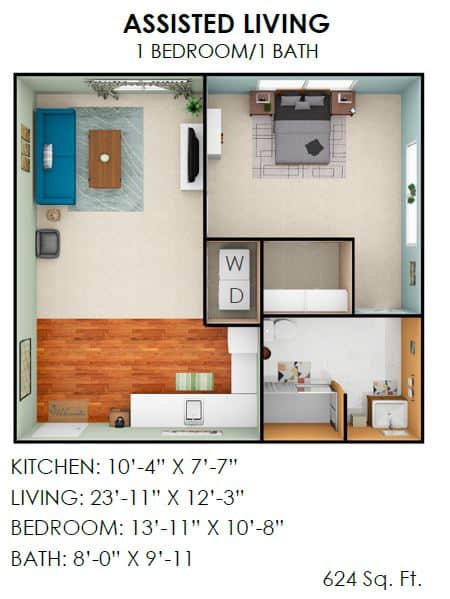 A detailed floor plan of an apartment showing the kitchen and living room dimensions.