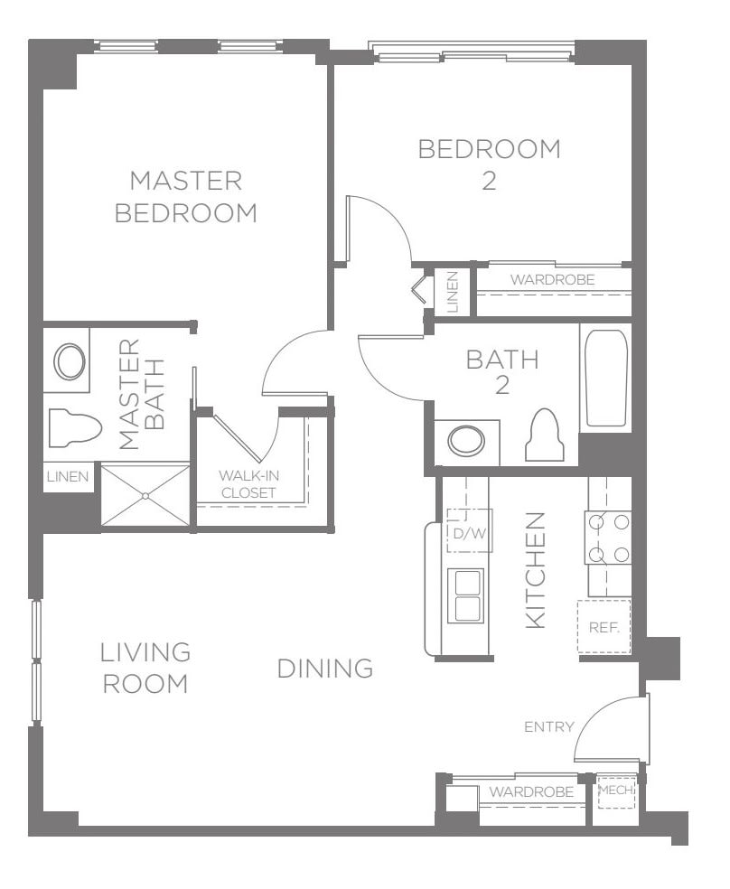 A floor plan of a two-bedroom apartment layout, featuring a master bedroom with an attached bathroom, an additional bedroom, a second bathroom, kitchen, living room, and dining area.