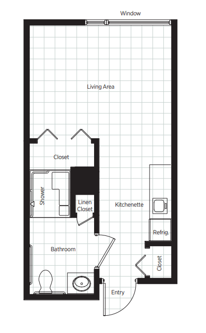 Studio apartment floor plan with designated living area, kitchen, and bathroom.