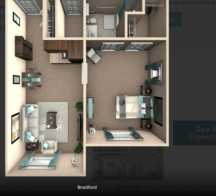 3D floor plan of a furnished apartment