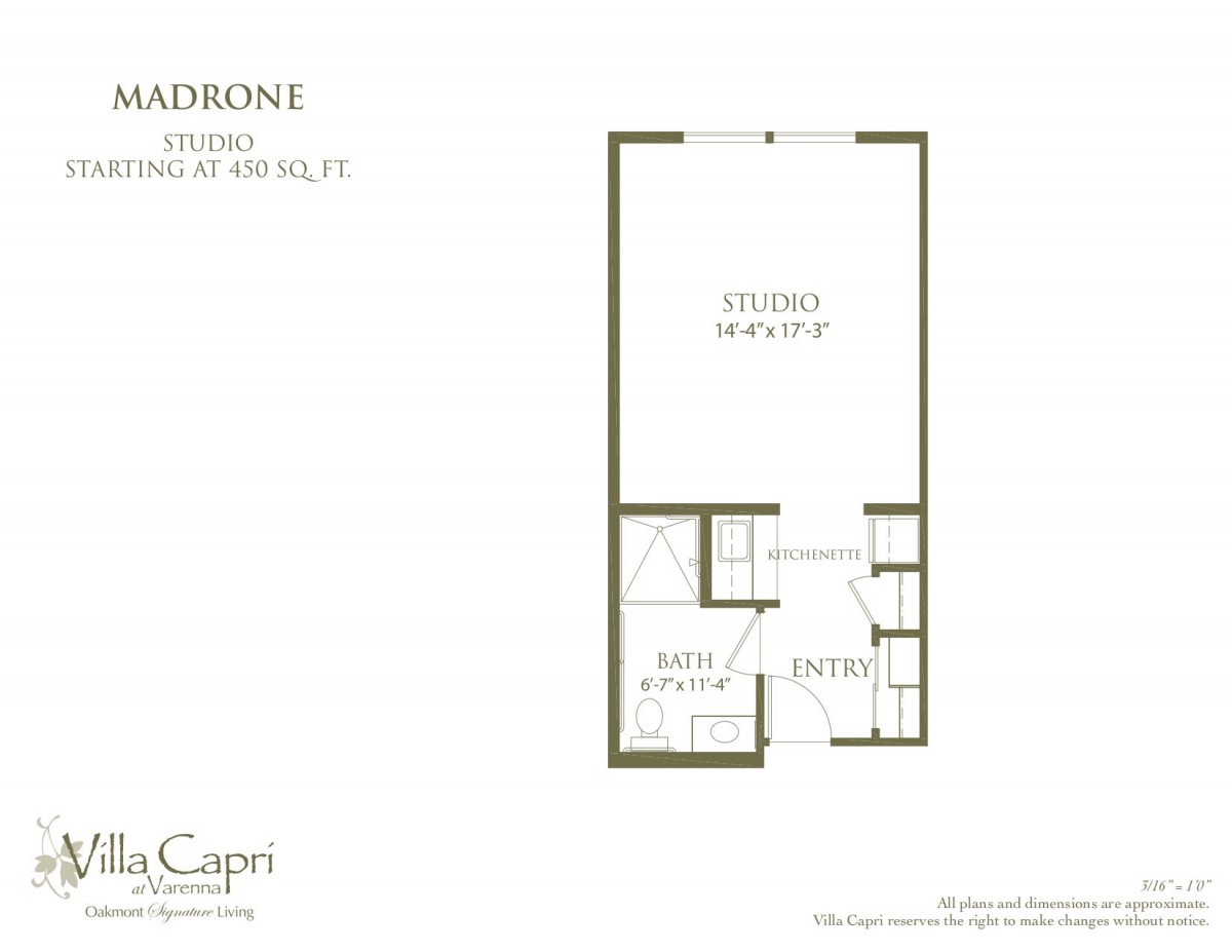 Studio apartment floor plan layout.