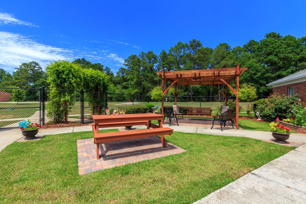 A scenic outdoor garden area featuring a pergola and picnic table set amidst lush greenery.