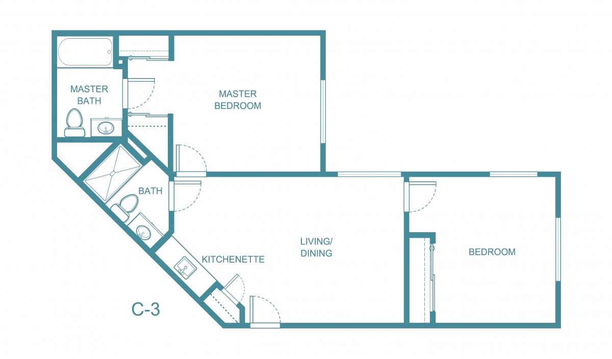 Blueprint of a two-bedroom apartment with labeled rooms.