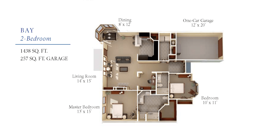 A 3D floor plan of an apartment showcasing the layout of rooms including a dining area, living room, master bedroom, and kitchen.