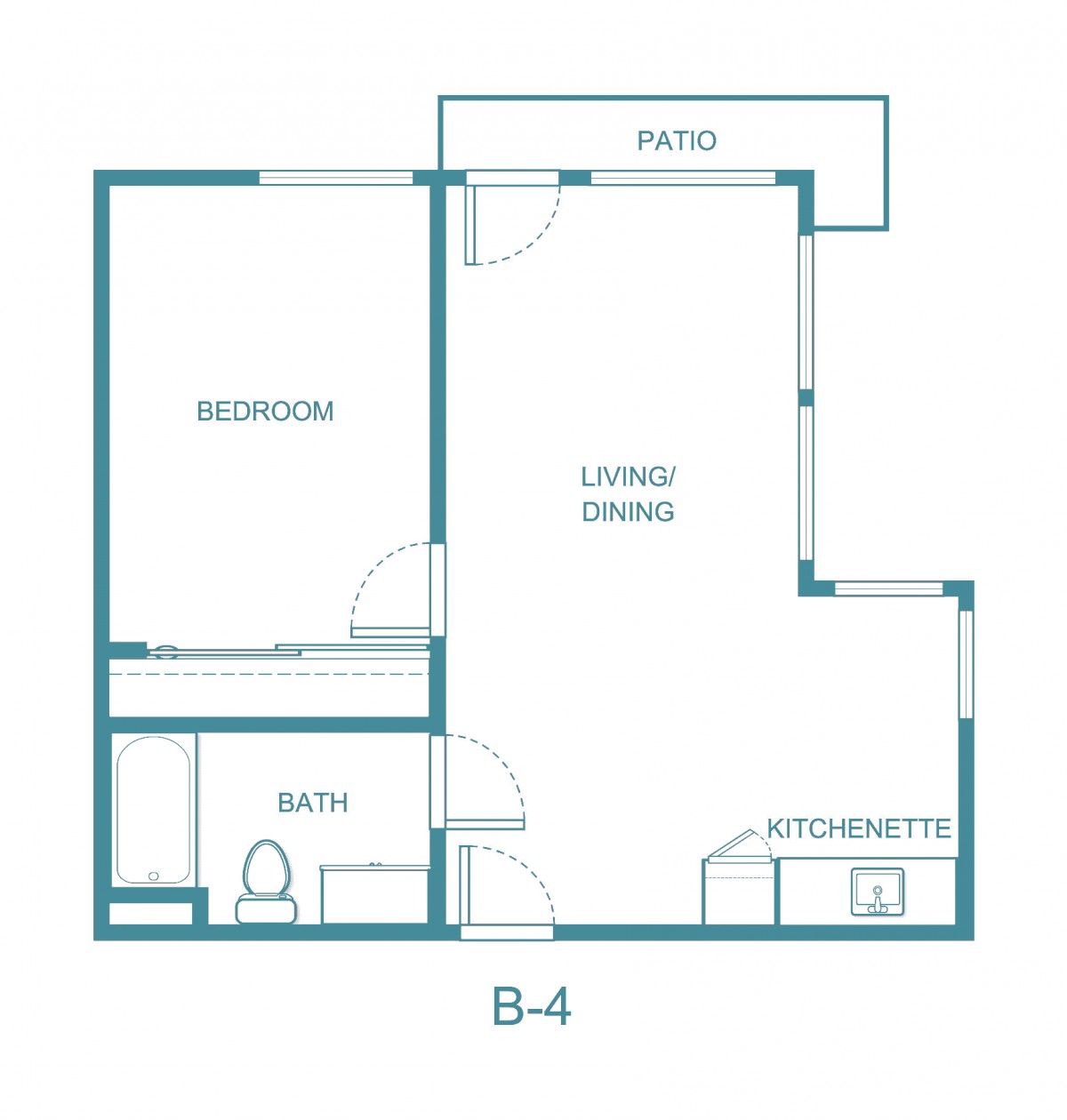 A floor plan of a one-bedroom apartment featuring a living/dining area, kitchenette, bathroom, and patio.