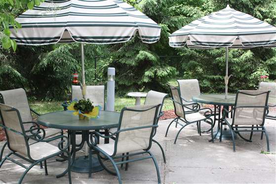A peaceful outdoor patio setting with tables, chairs, and umbrellas surrounded by lush greenery.