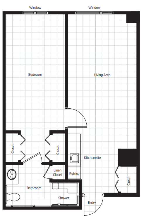 A floor plan showing the layout of a one-bedroom apartment, including a kitchen, living area, and bathroom.