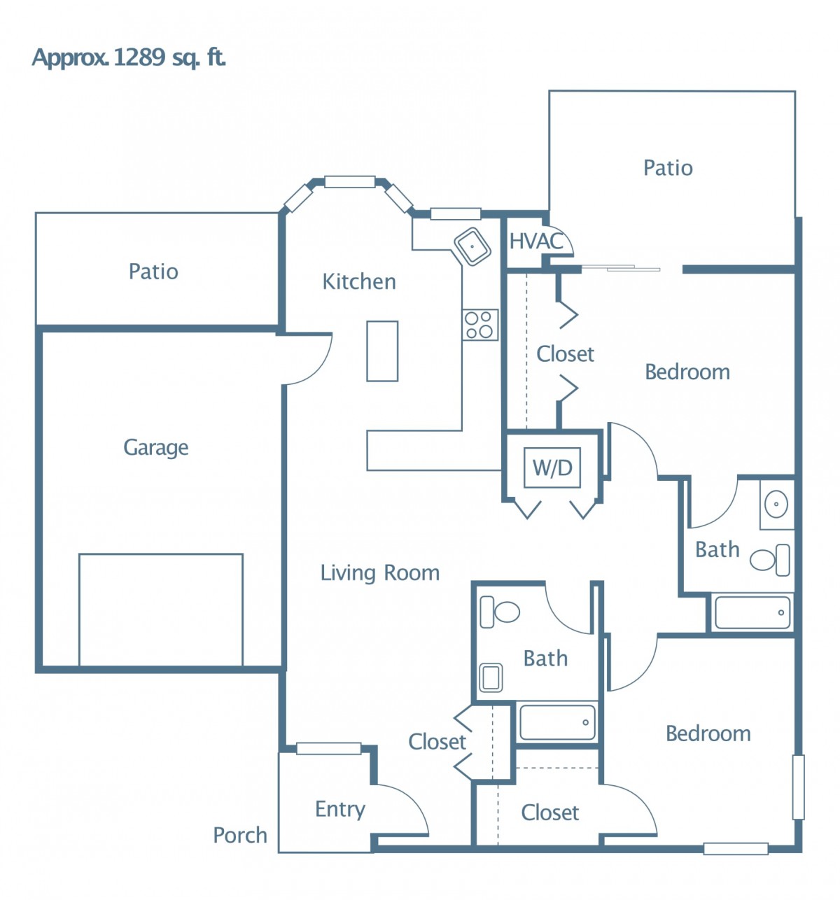 A floor plan of a house approximately 1,280 square feet, showing the layout of rooms including bedrooms, bathrooms, kitchen, living room, garage, and patio.