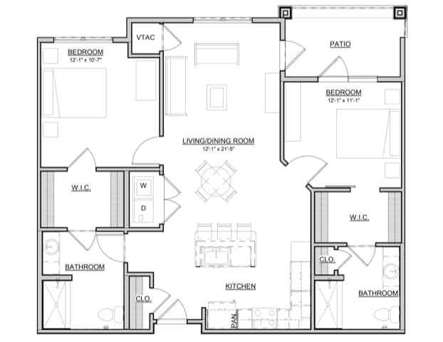 A blueprint of a residential floor plan featuring three bedrooms, a living room, and a kitchen.