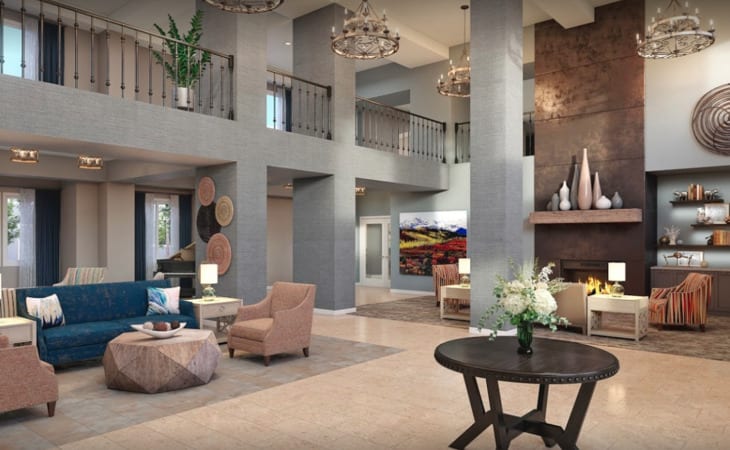 A modern hotel lobby with elegant seating and contemporary decor.