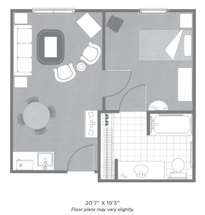 A detailed floor plan of a small apartment showing various rooms and furniture placement.