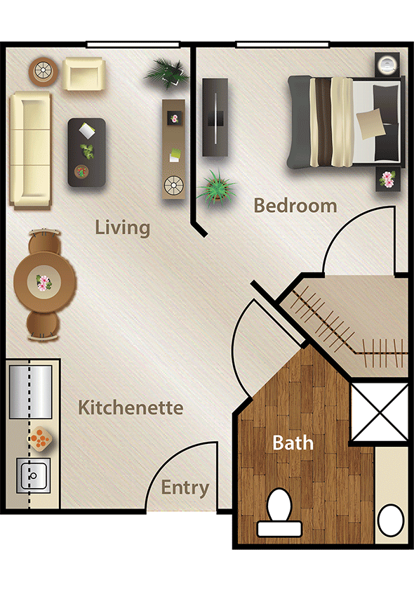 A compact apartment floor plan featuring a living room, bedroom, kitchenette, bathroom, and entryway.