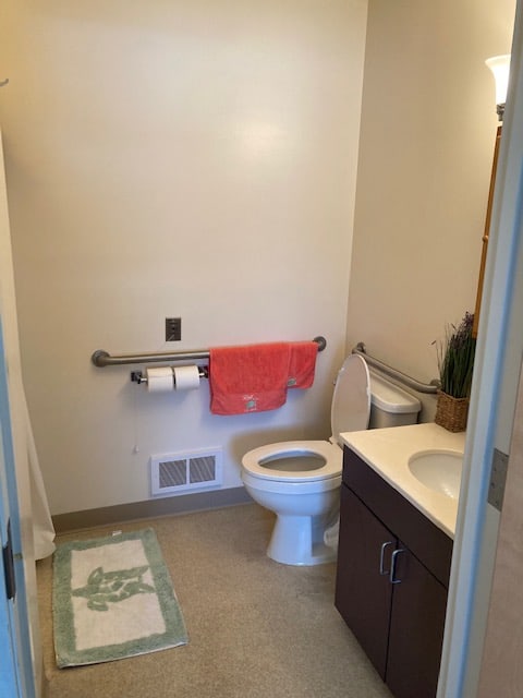 A small bathroom with a toilet, sink, and handrail.