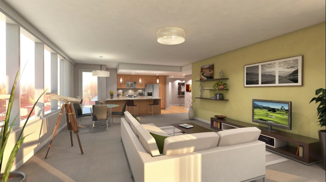 Modern open-concept living room and kitchen with sleek furnishings.