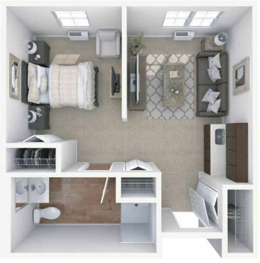 A detailed floor plan of a compact one-bedroom apartment with a living room, kitchen, and bathroom.