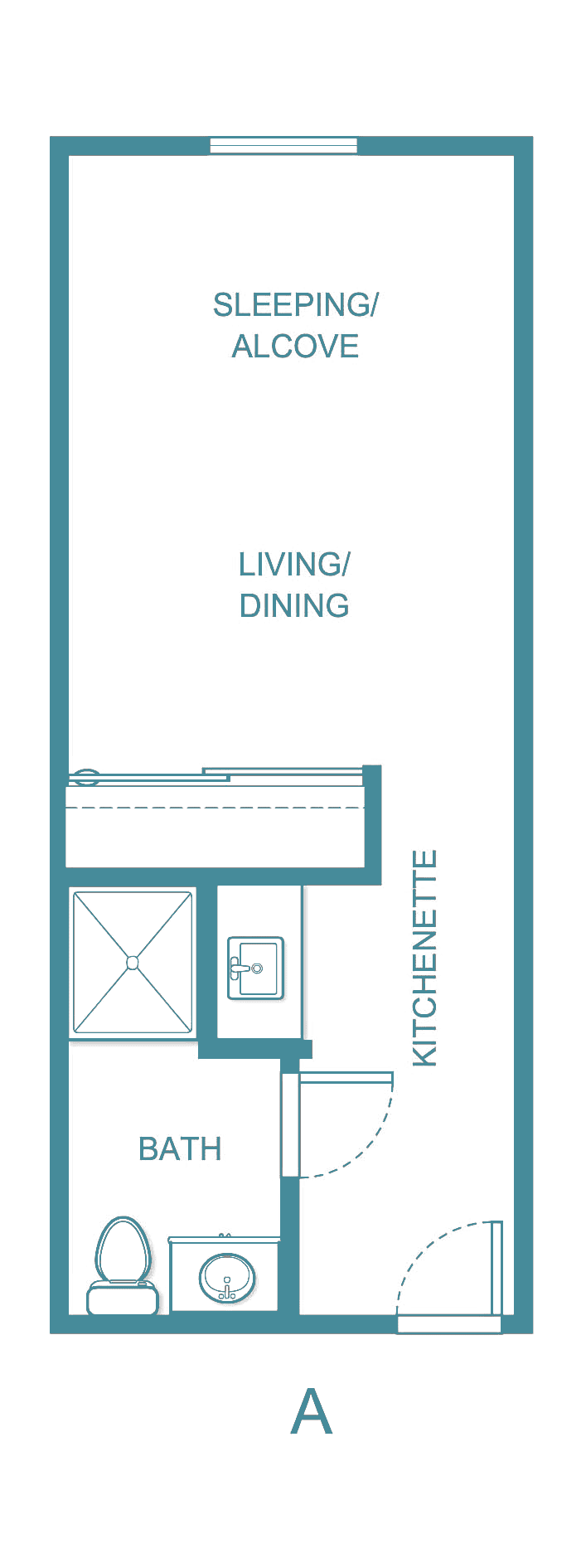 A floor plan of a studio apartment featuring a kitchenette and living/dining area.