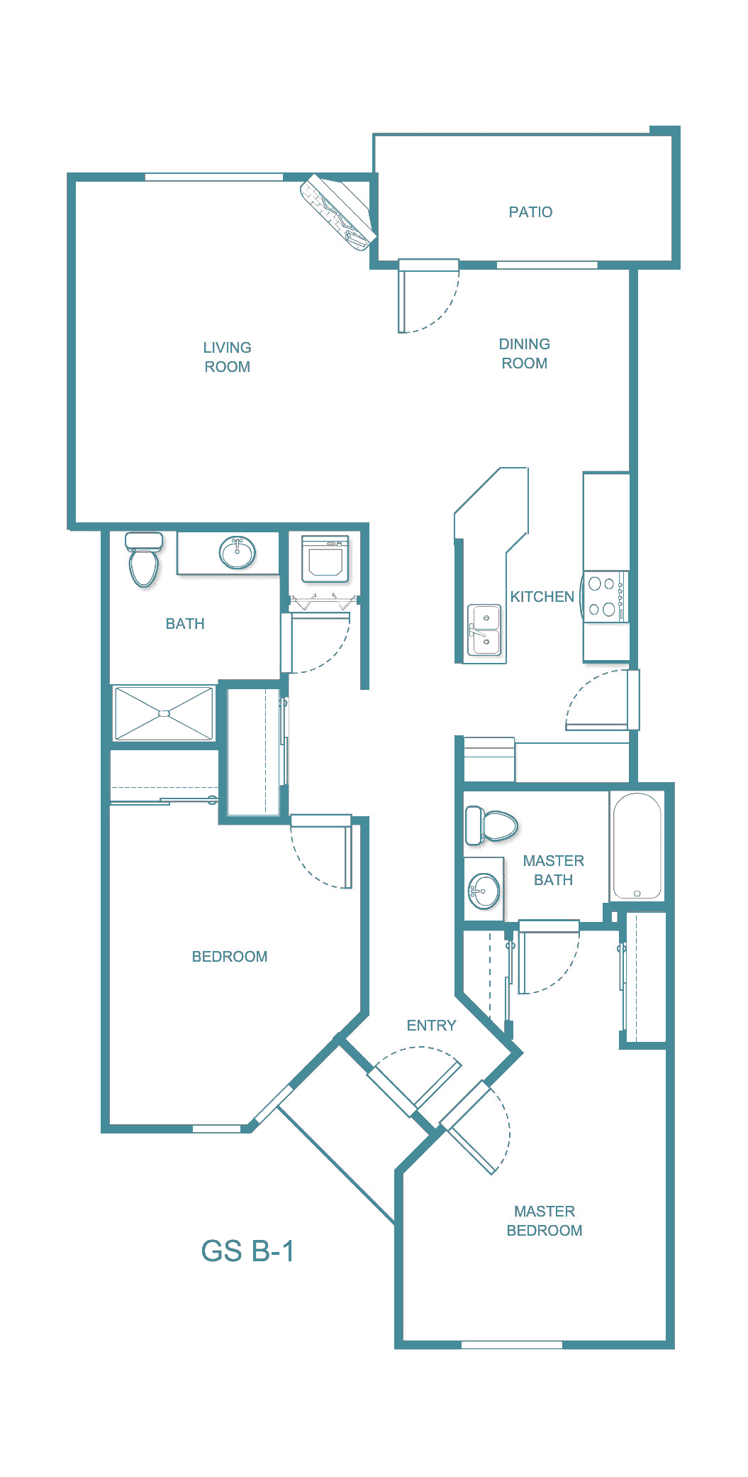 A floor plan of a two-bedroom, two-bathroom apartment.