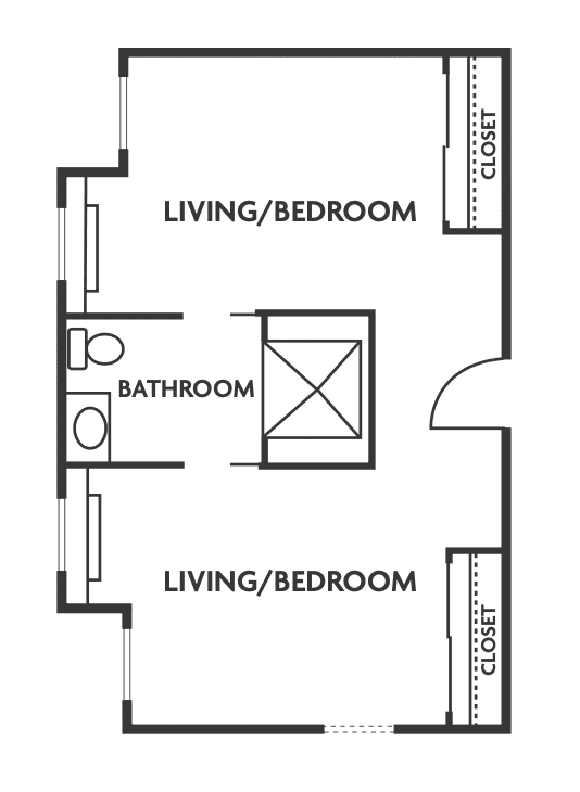A floor plan of a studio apartment featuring two living/bedroom areas, a bathroom, and closets.