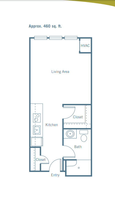 Studio apartment floor plan with a living area, kitchen, and bathroom.