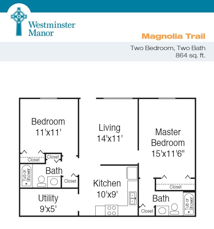 Floor plan of a two-bedroom, two-bathroom apartment labeled 'Magnolia Trail' at Westminster Manor.