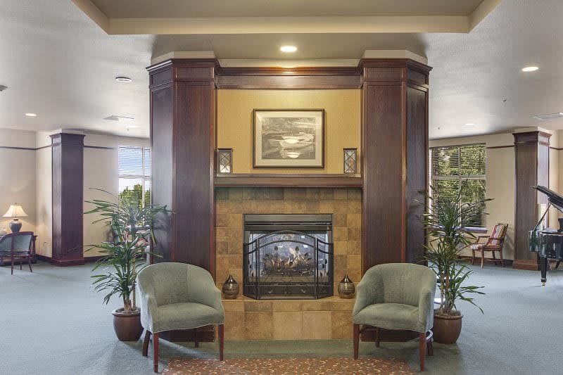 A cozy living room with a fireplace, framed by wooden panels, flanked by two chairs and potted plants.
