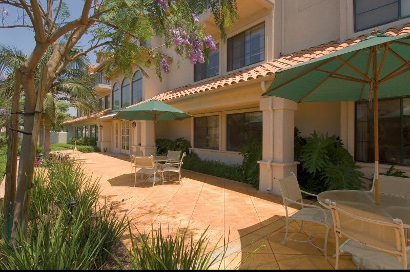 A sunny outdoor patio with tables and chairs under umbrellas, adjacent to a building surrounded by greenery.