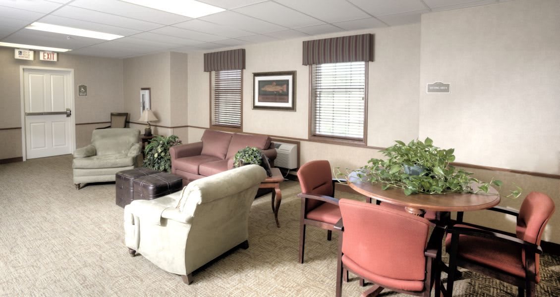 A cozy living room area with sofas, chairs, tables, and decorative plants.