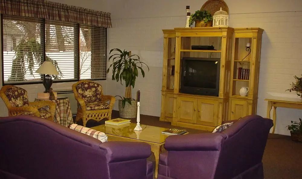 A cozy living room featuring purple chairs, a wooden entertainment unit with a television, and a coffee table, all complemented by a window with natural light.