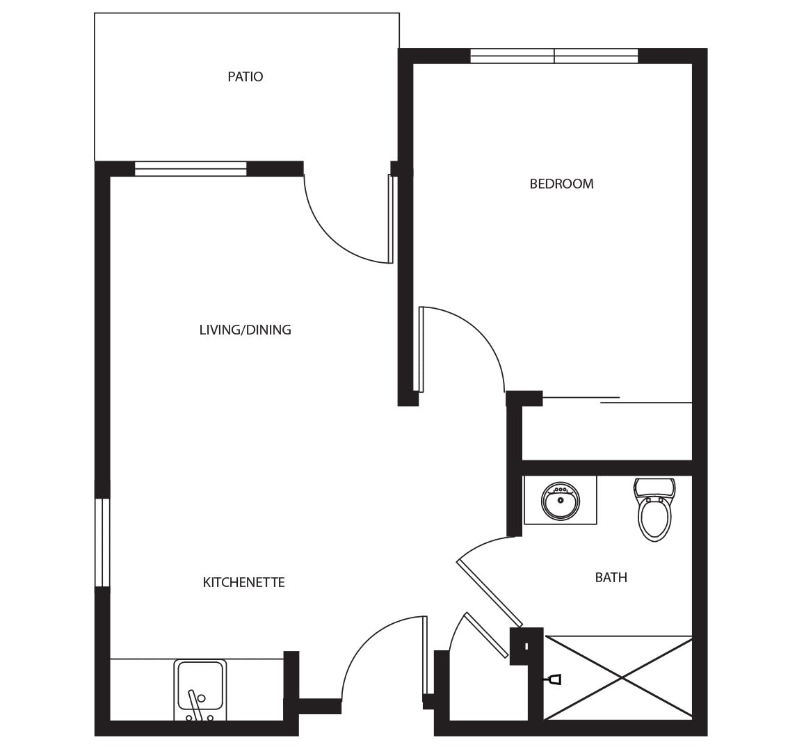A one-bedroom apartment floor plan featuring a kitchen, living room, bathroom, and outdoor patio.