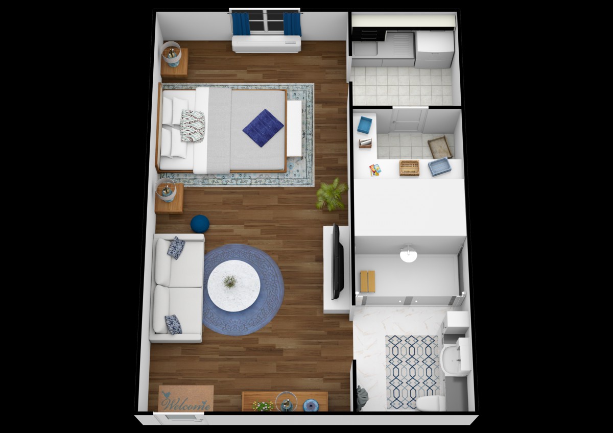 3D floor plan of a one-bedroom apartment with living, sleeping, and kitchen areas.