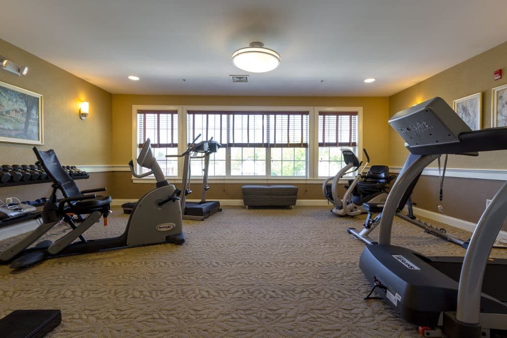 A cozy fitness room with exercise equipment, including treadmills and stationary bikes, well-lit by natural light.