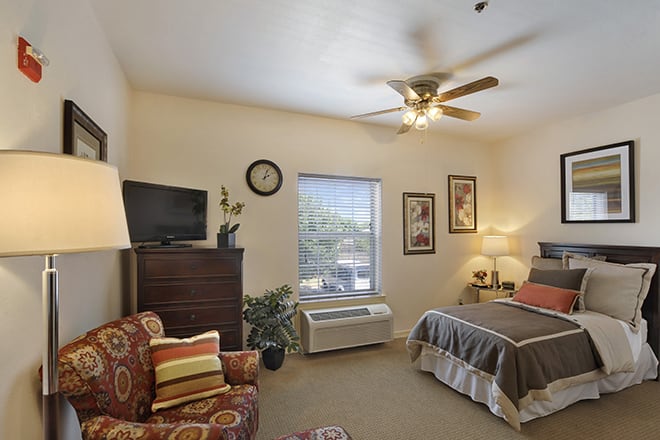 A cozy bedroom featuring a bed, armchair, television, and ceiling fan with natural lighting from the window.
