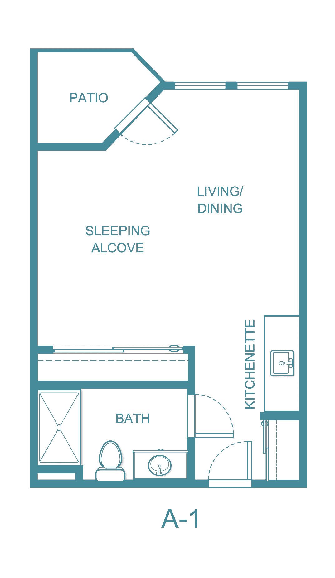 Floor plan of a studio apartment with a sleeping alcove, living/dining area, kitchenette, and bathroom.