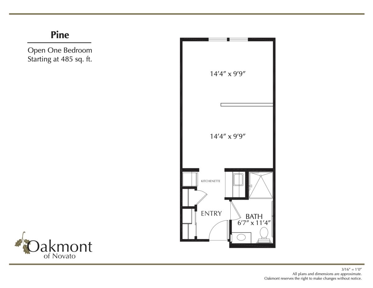 A one-bedroom apartment floor plan layout.