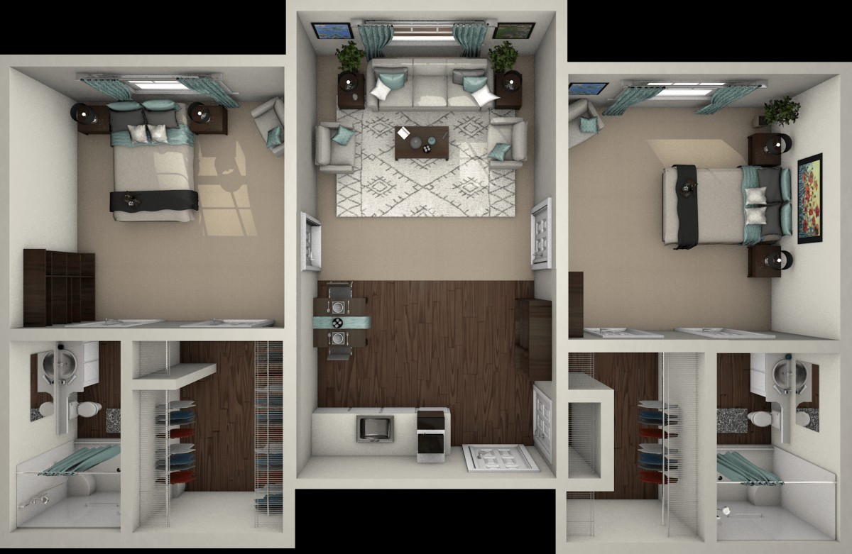 3D rendered floor plan of an apartment featuring a living room, kitchen, and two bedrooms.