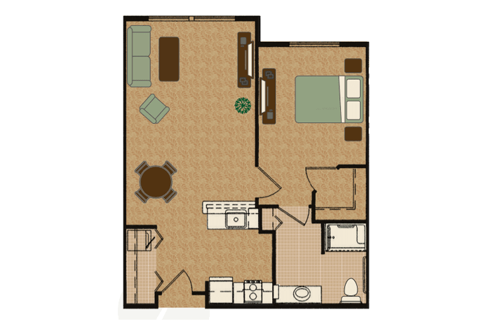 A floor plan of a one-bedroom apartment featuring a living room, kitchen, and bathroom.