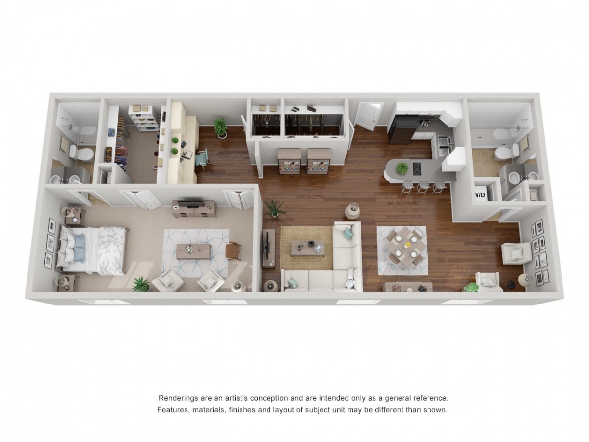 A detailed floor plan of a modern apartment showcasing a spacious living area, kitchen, and bedroom.