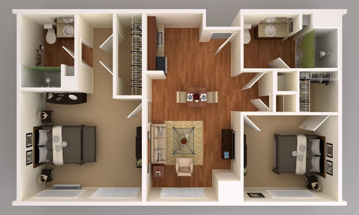 A top-view floor plan of a 2-bedroom apartment showcasing the interior layout and furniture arrangement.