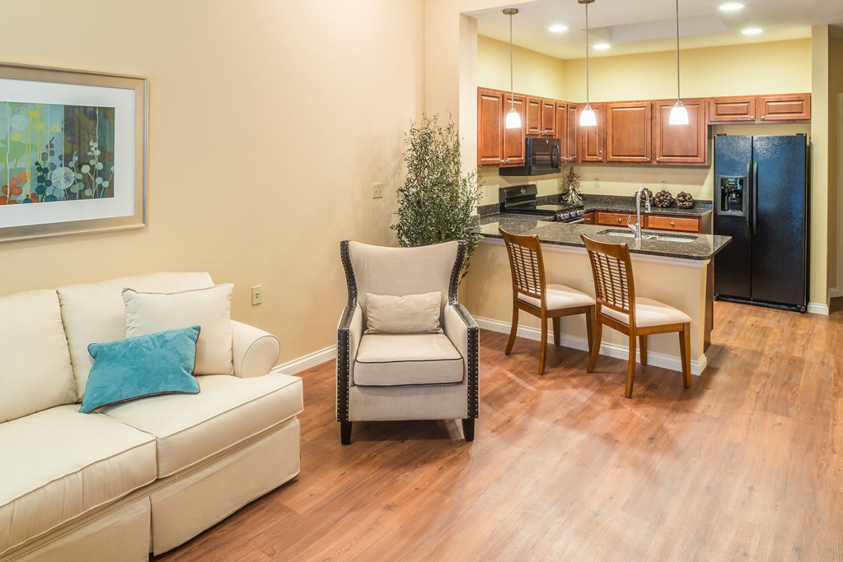 A cozy living area with a sofa and armchair, adjacent to an open kitchen with bar seating.