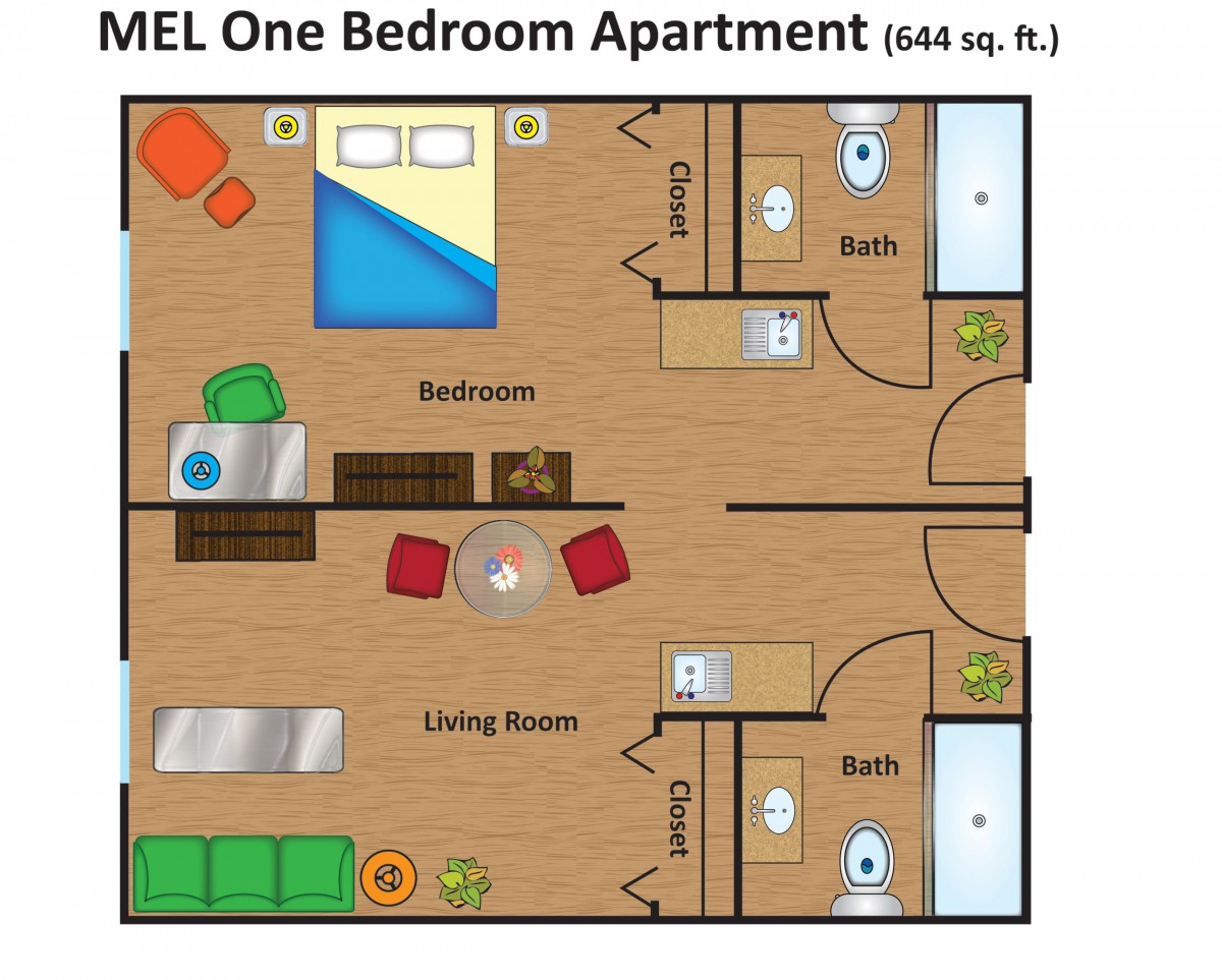 Floor plan of a one-bedroom apartment with a living room, bedroom, bathroom, and kitchen.