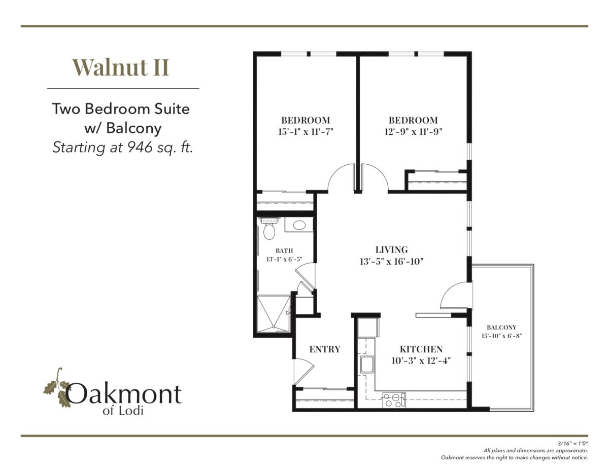 A floor plan for the Walnut II two-bedroom suite with a balcony, offered by Oakmont.