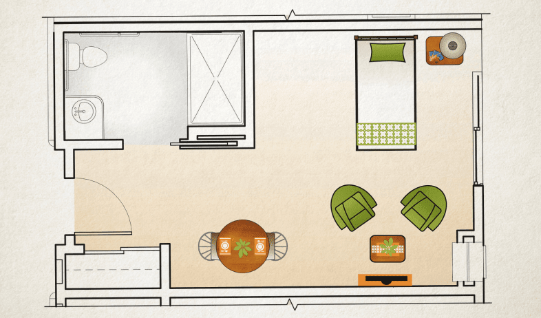 A floor plan depicting an apartment layout with a living room and bedroom.