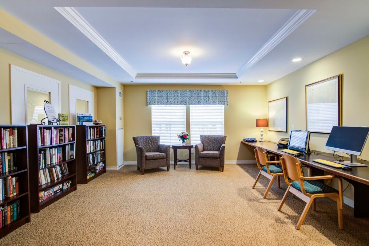 A well-organized office space with comfortable seating and workstations.