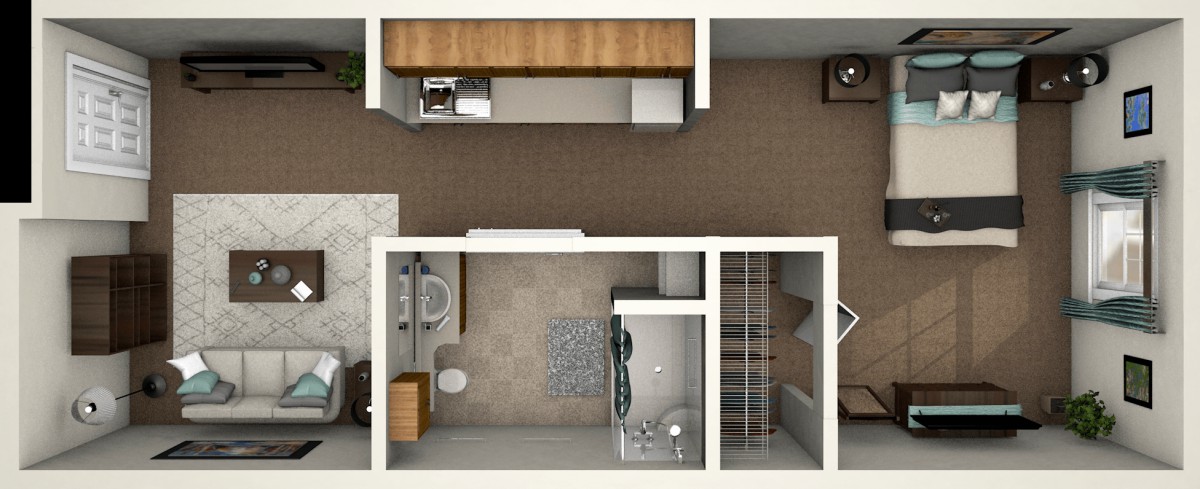 A 3D rendered floor plan showing a compact living space with a bathroom and kitchenette.