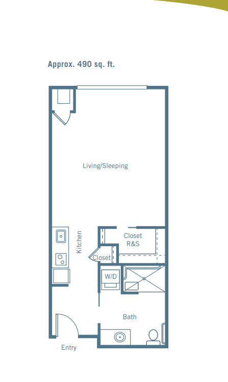 A floor plan of a studio apartment with a combined living and sleeping area, kitchen, bathroom, and closet.