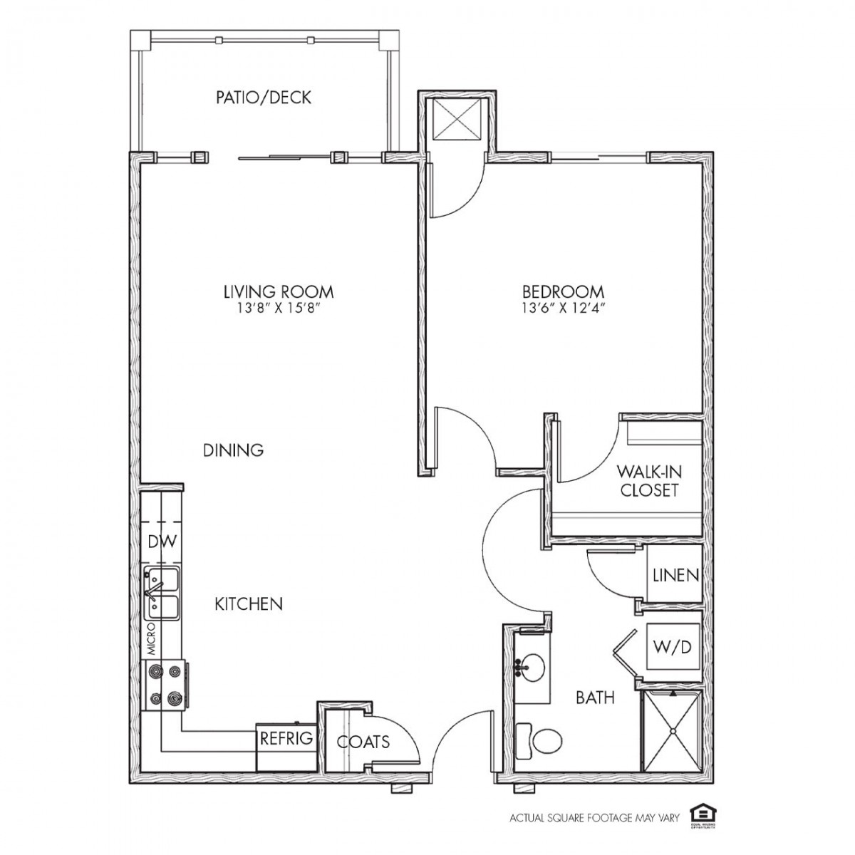A floor plan of a one-bedroom apartment featuring a living room, kitchen, bathroom, and closet space.