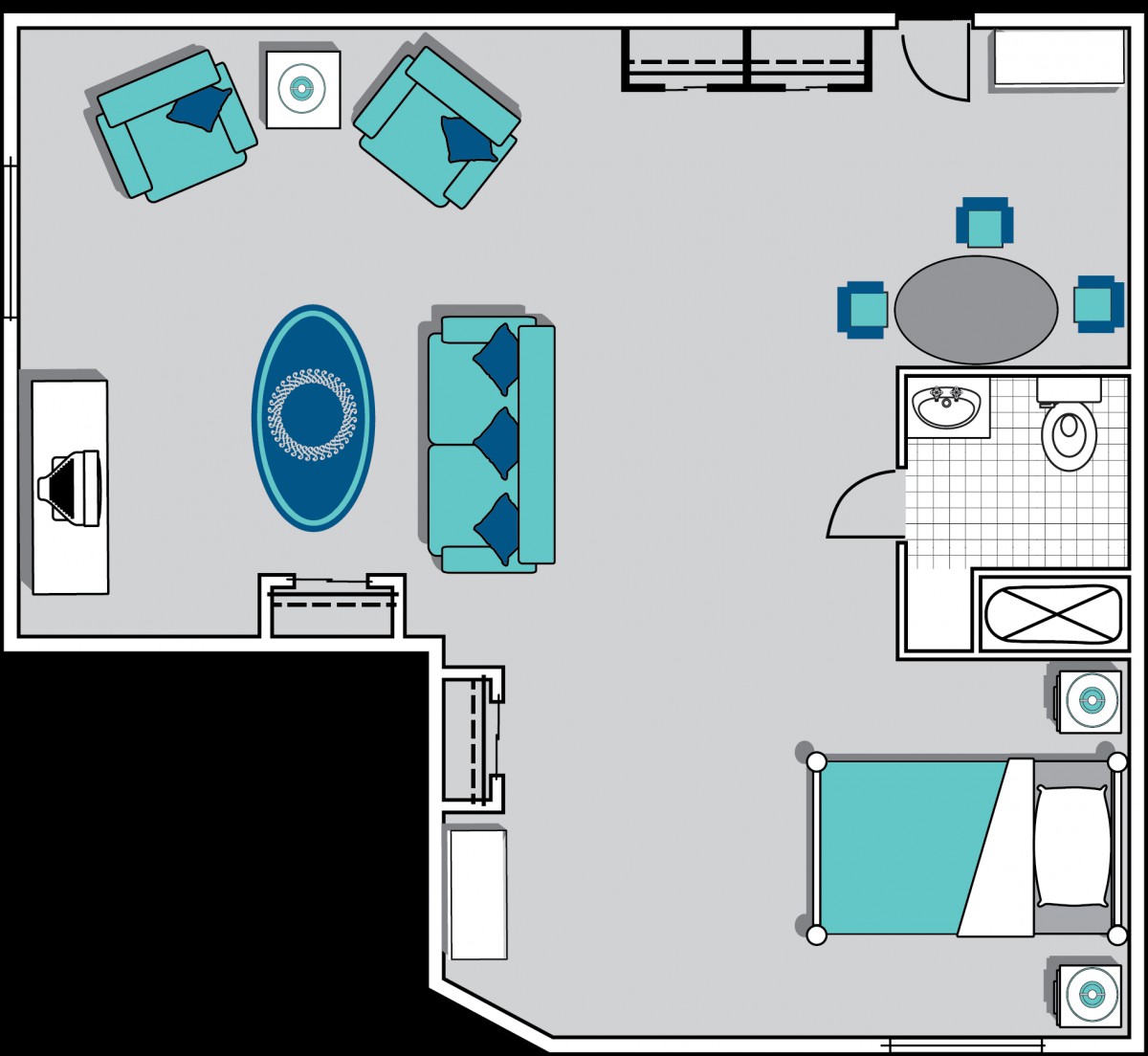 A detailed floor plan of an apartment featuring a living room, bedroom, kitchen, and bathroom.