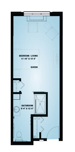 A floor plan of a studio apartment showing the dimensions of the bedroom/living area and bathroom.